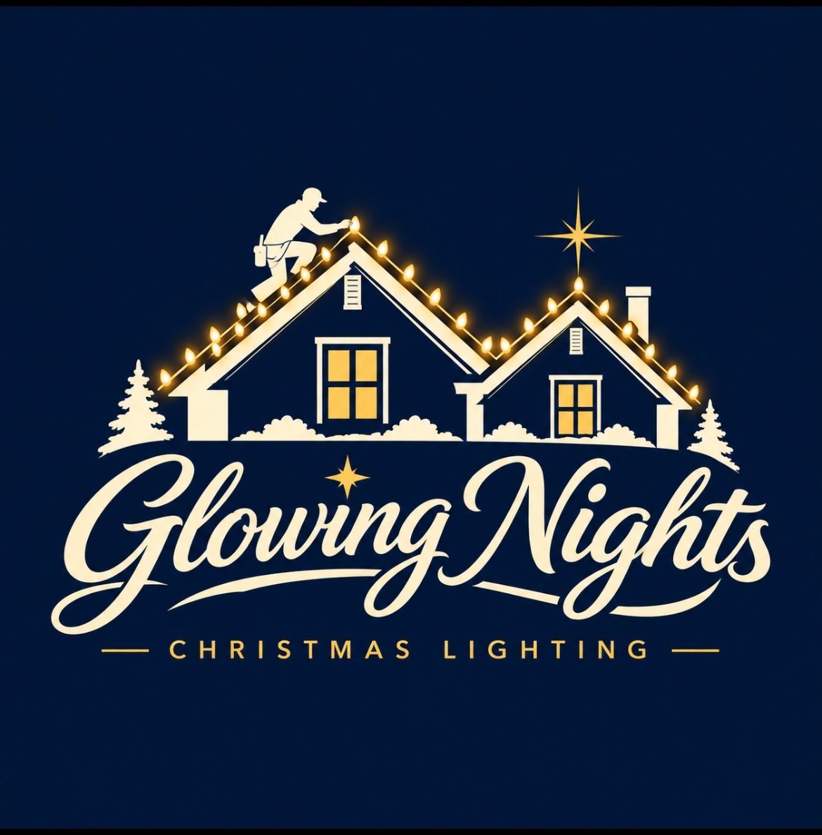 Glowing Nights Christmas Lighting logo featuring illuminated houses with golden rooflines and a star on dark blue background