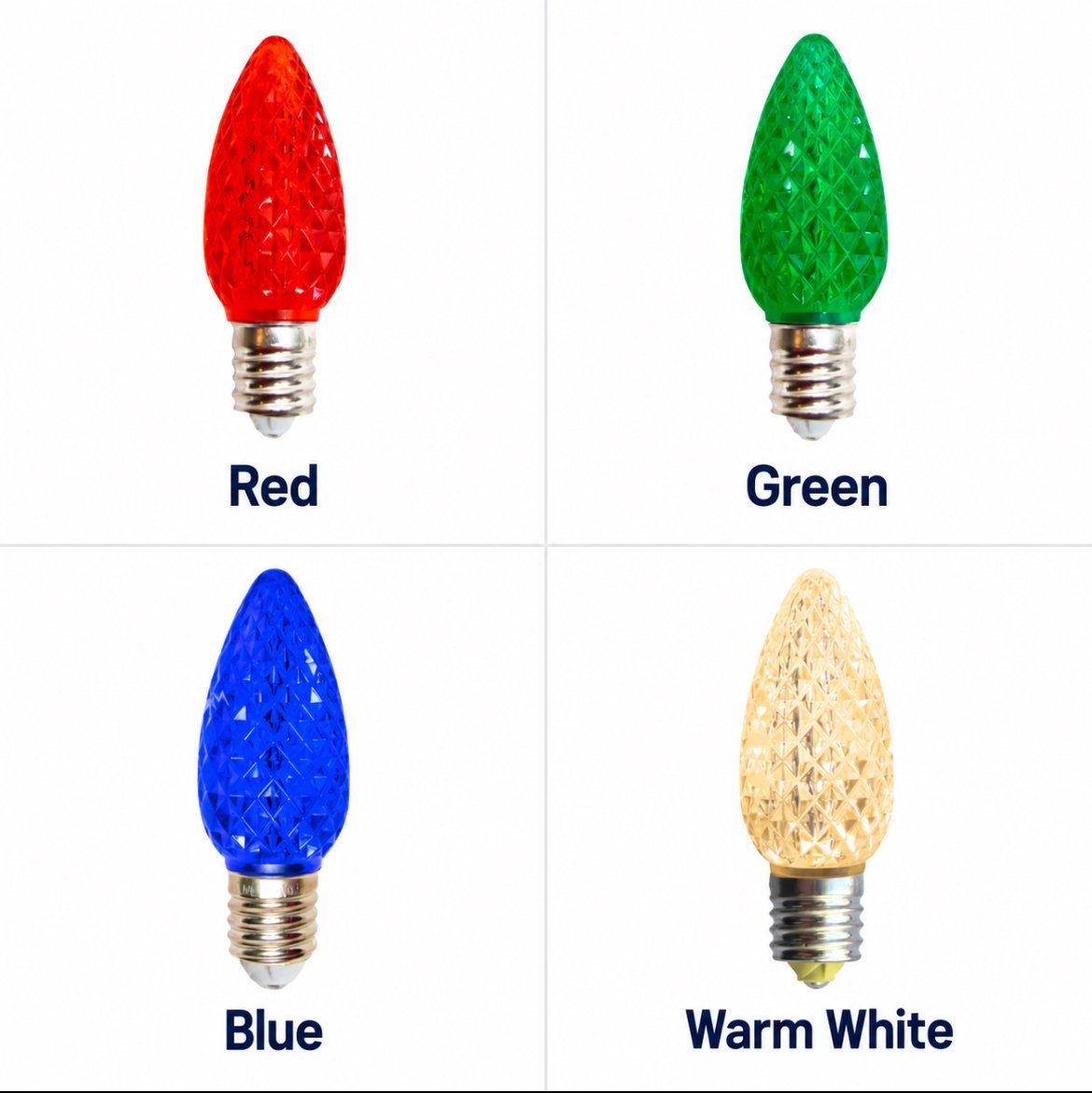 Four decorative C7 light bulbs in red, green, blue, and warm white colors arranged in a 2x2 grid with color labels beneath each bulb